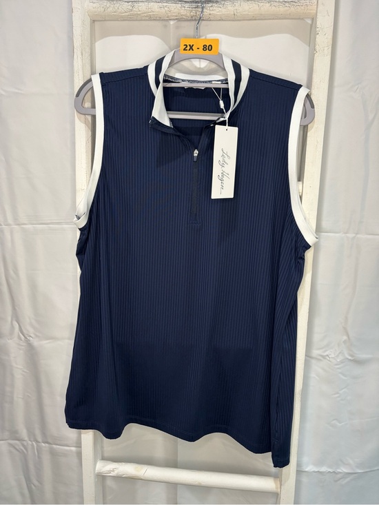 Lady Hagen Tops - Lady Hagen Navy Sleeveless Zip Mock Collar Tank with White Trim Accents